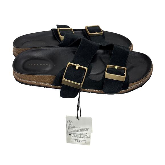 ZARA HOME Black Suede Leather Double Buckle Strap Slides Sandals Size 10 NWT - Picture 7 of 8